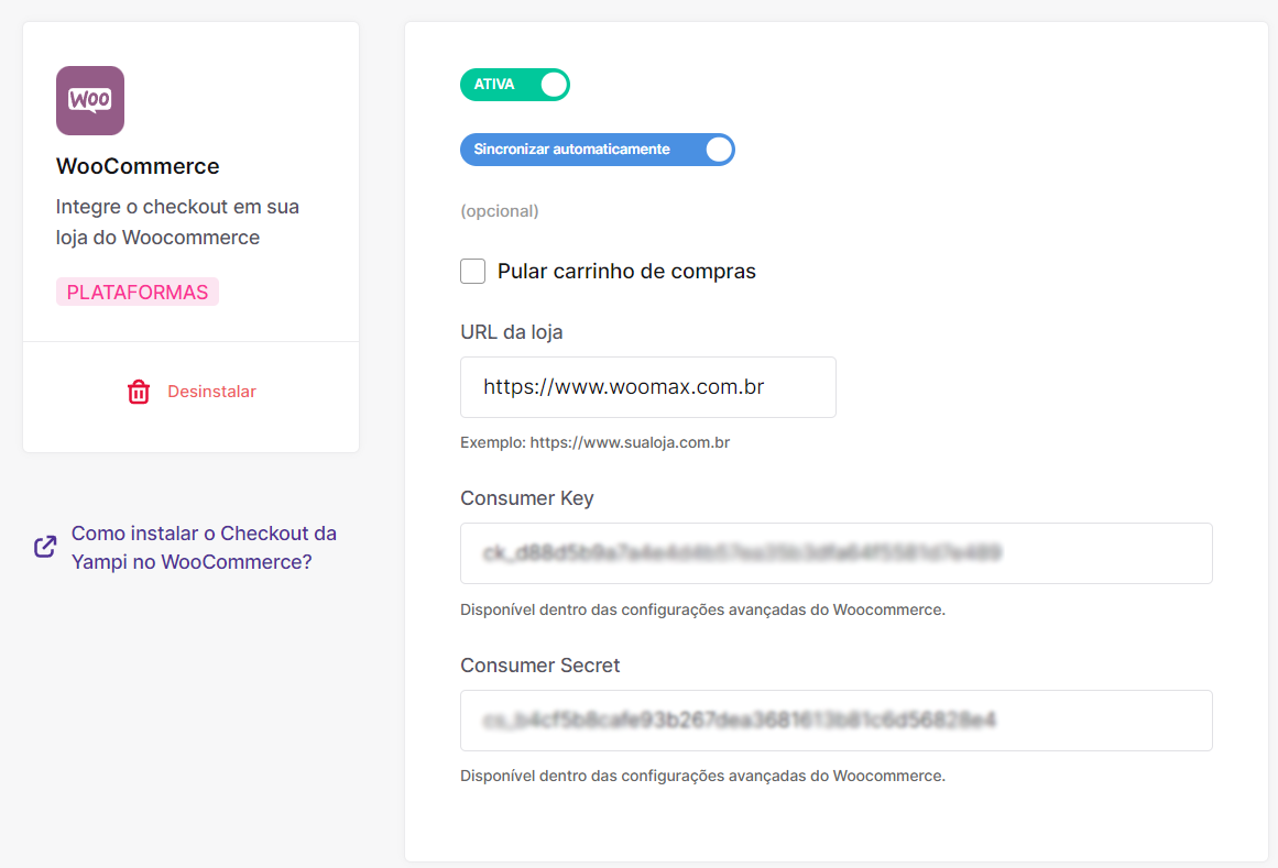 Como configurar o Checkout da Yampi em sua Loja Virtual Woocommerce - Tutorial Completo 2024 7 Informe as credenciais da sua Loja Woocommerce na Yampi